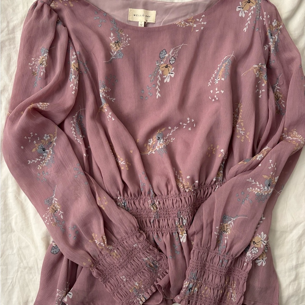 Pink Smocked Blouse with Relaxed Full-Length Sleeves